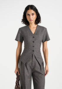 Yolanda - Tailored Peplum Waistcoat - Grey Speckle