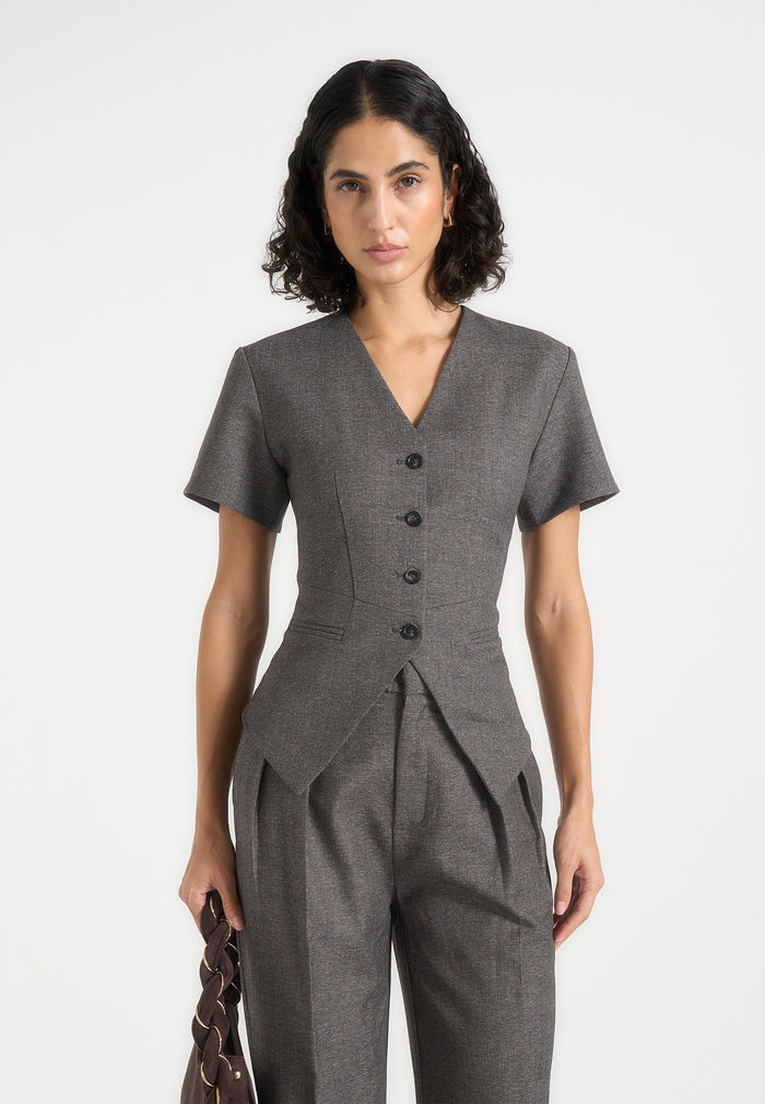 Yolanda - Tailored Peplum Waistcoat - Grey Speckle