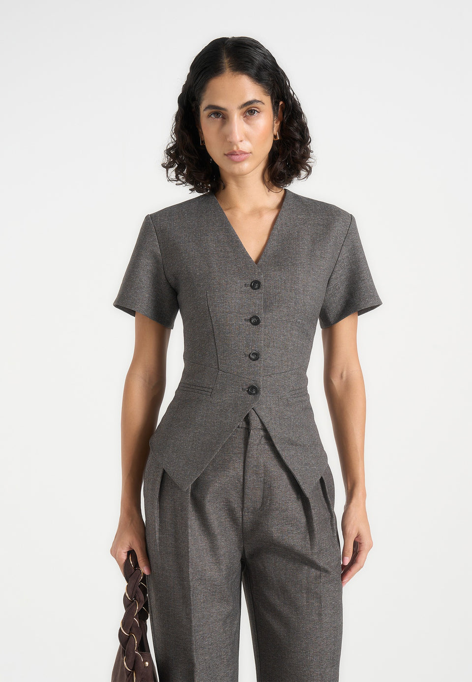Yolanda - Tailored Peplum Waistcoat - Grey Speckle