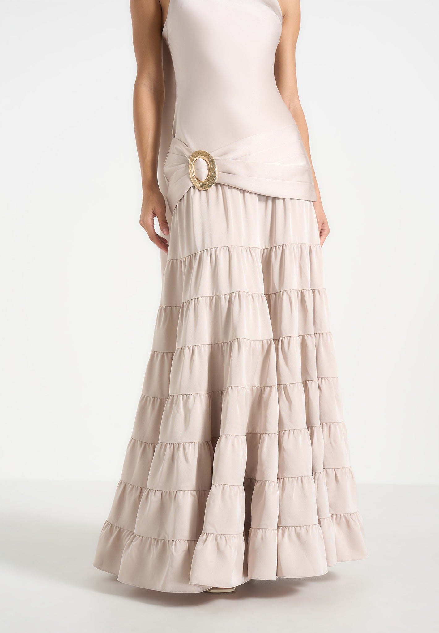 Naomi - Cami Satin Tiered Belted Maxi Dress - Champagne