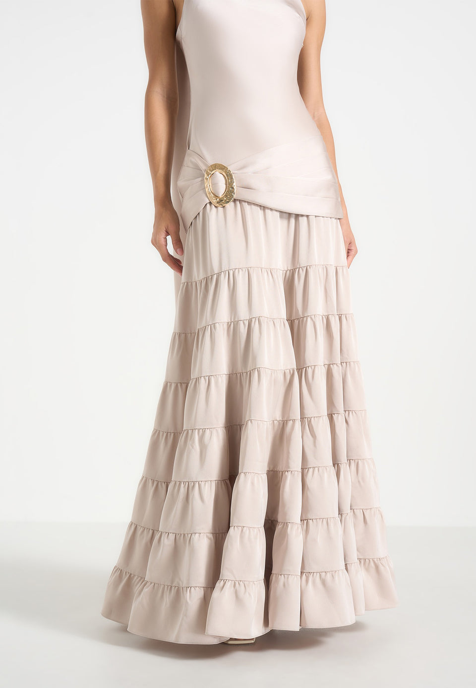 Naomi - Cami Satin Tiered Belted Maxi Dress - Champagne