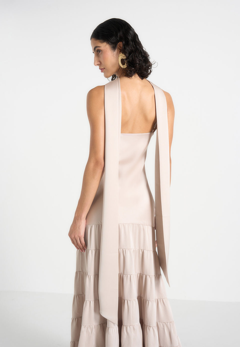 Naomi - Cami Satin Tiered Belted Maxi Dress - Champagne
