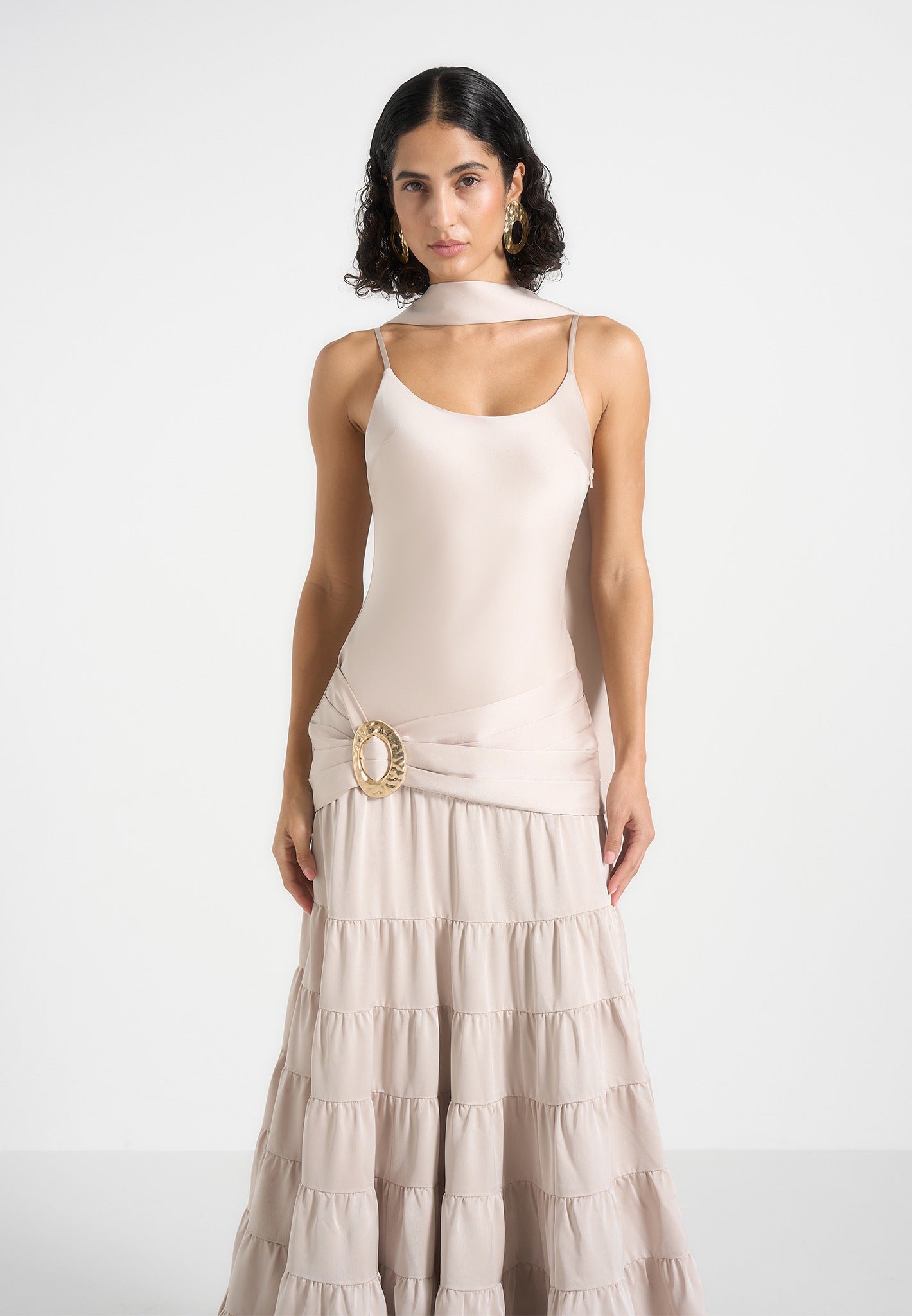 Naomi - Cami Satin Tiered Belted Maxi Dress - Champagne