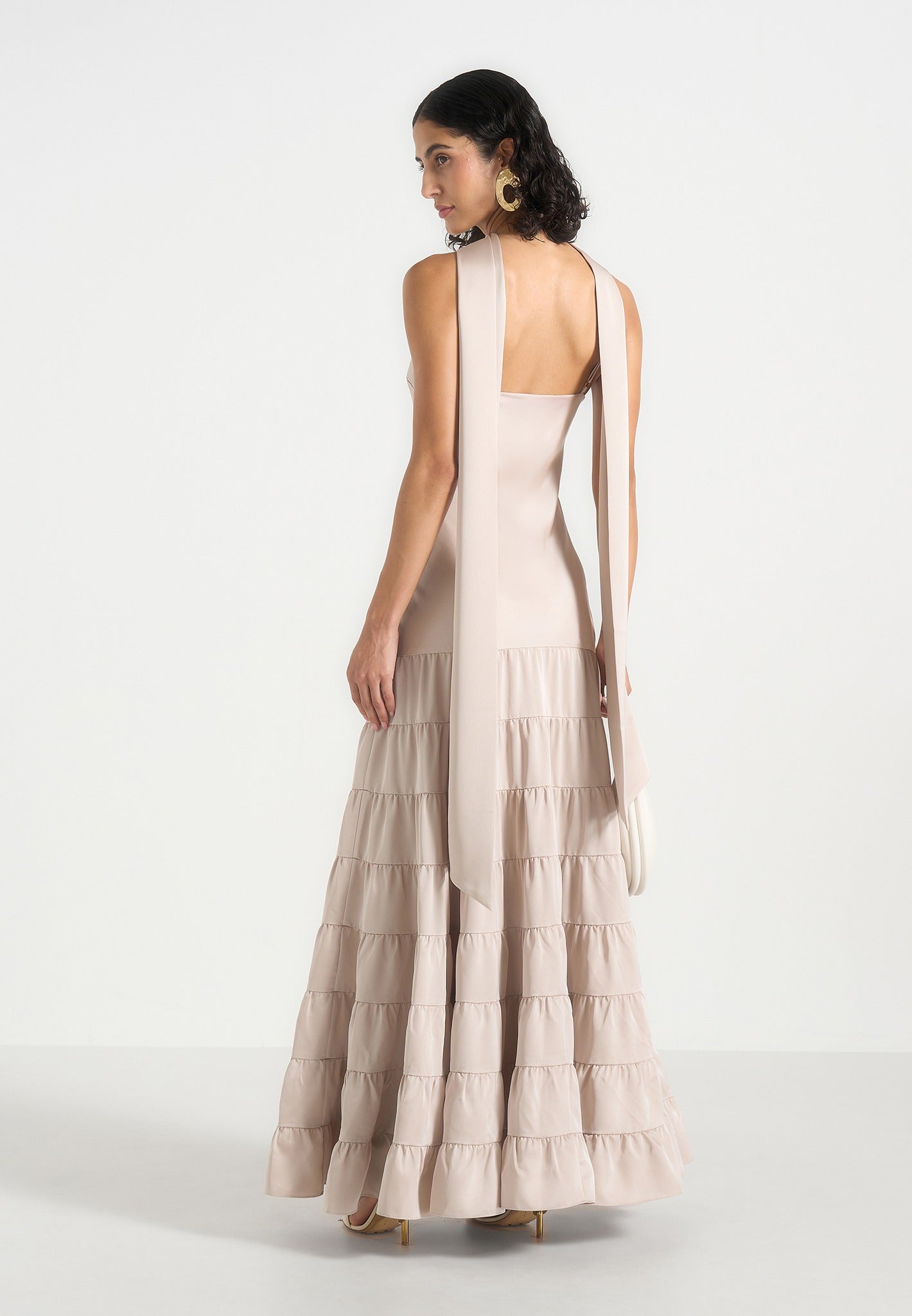 Naomi - Cami Satin Tiered Belted Maxi Dress - Champagne