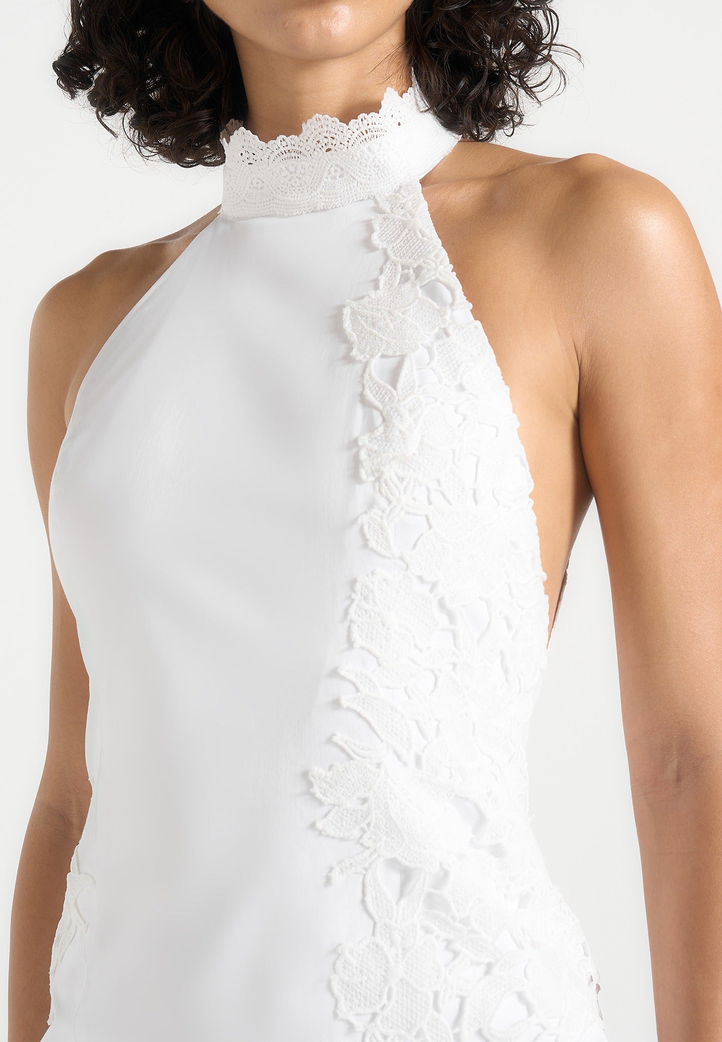 Macy - Halter Neck  Open Back Cotton Crochet Maxi Dress - White
