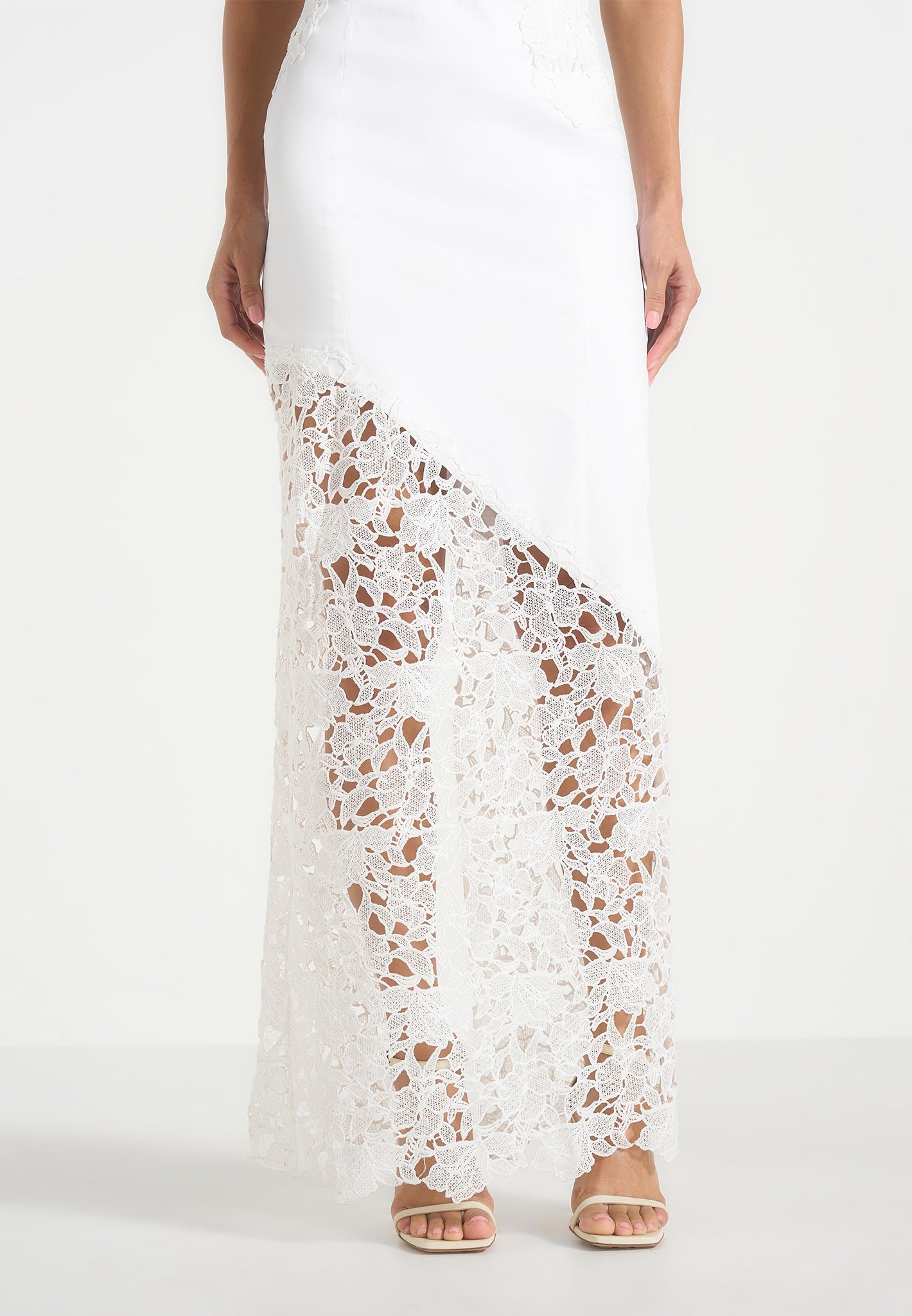 Macy - Halter Neck  Open Back Cotton Crochet Maxi Dress - White