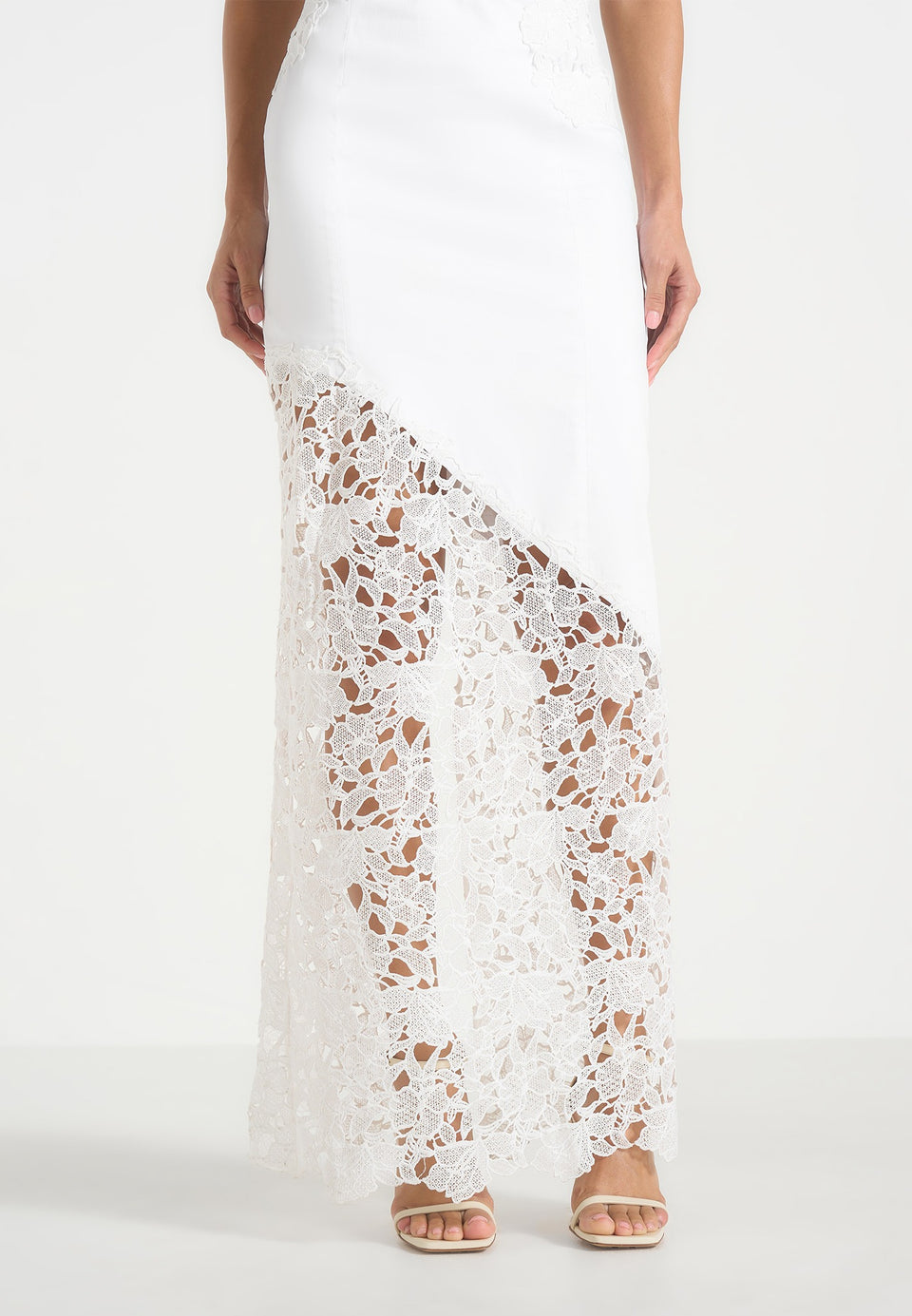 Macy - Halter Neck  Open Back Cotton Crochet Maxi Dress - White