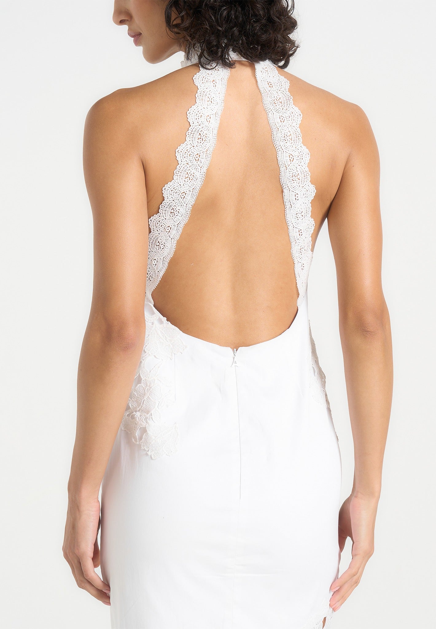 Macy - Halter Neck  Open Back Cotton Crochet Maxi Dress - White