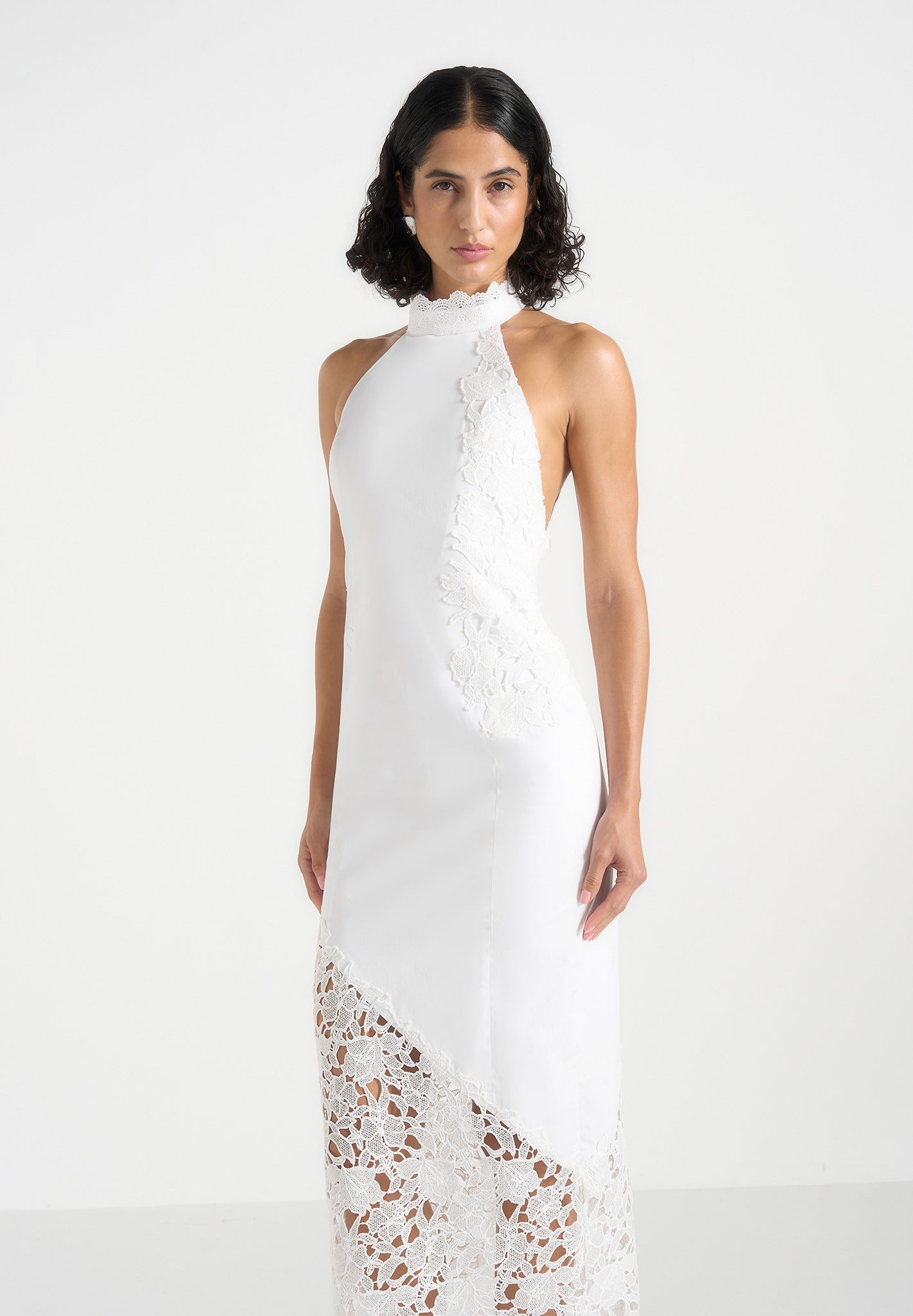 Macy - Halter Neck  Open Back Cotton Crochet Maxi Dress - White