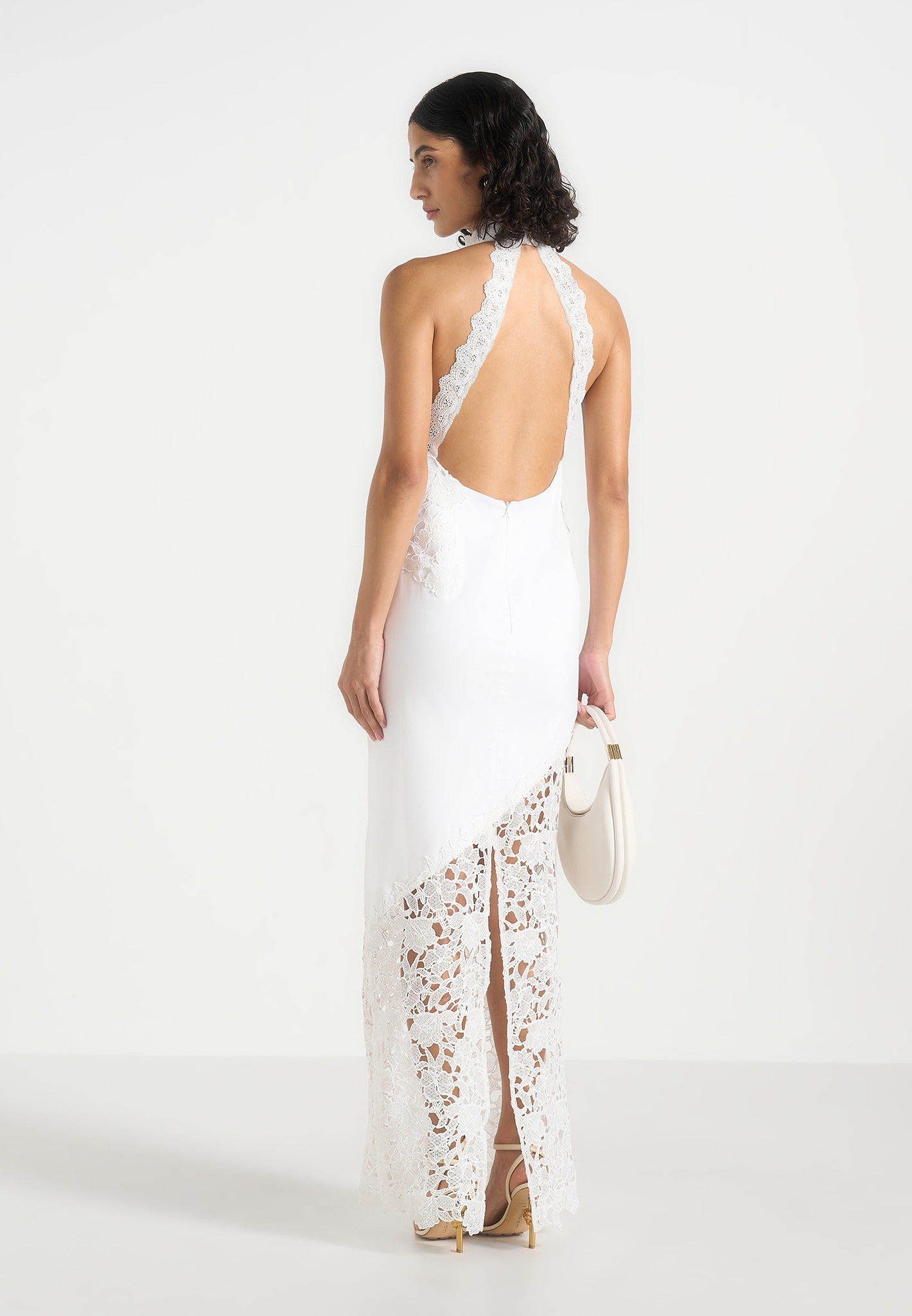 Macy - Halter Neck  Open Back Cotton Crochet Maxi Dress - White