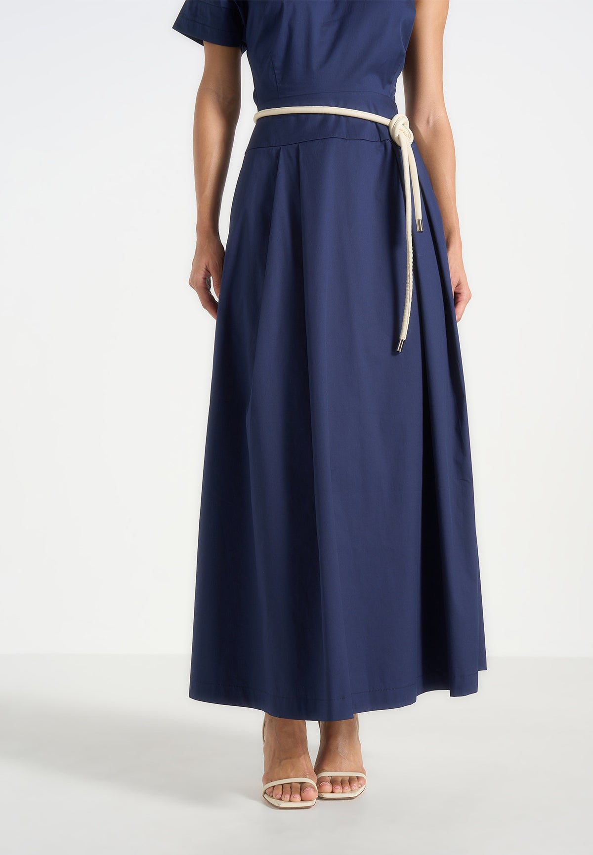 Yara - Asym Tie-Waist Cotton Midi Dress - Navy