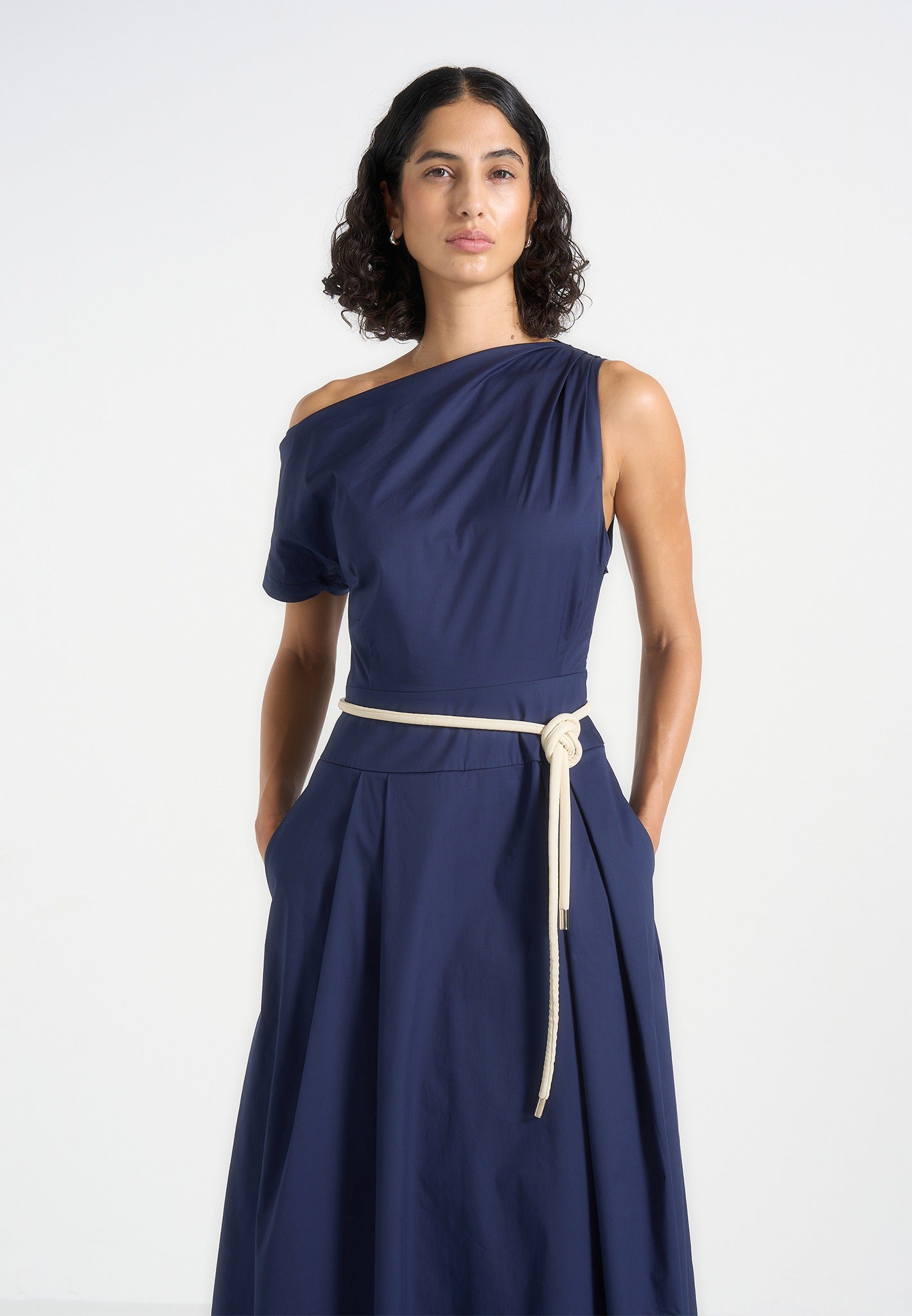 Yara - Asym Tie-Waist Cotton Midi Dress - Navy