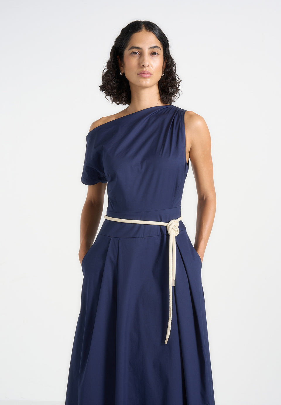 Yara - Asym Tie-Waist Cotton Midi Dress - Navy