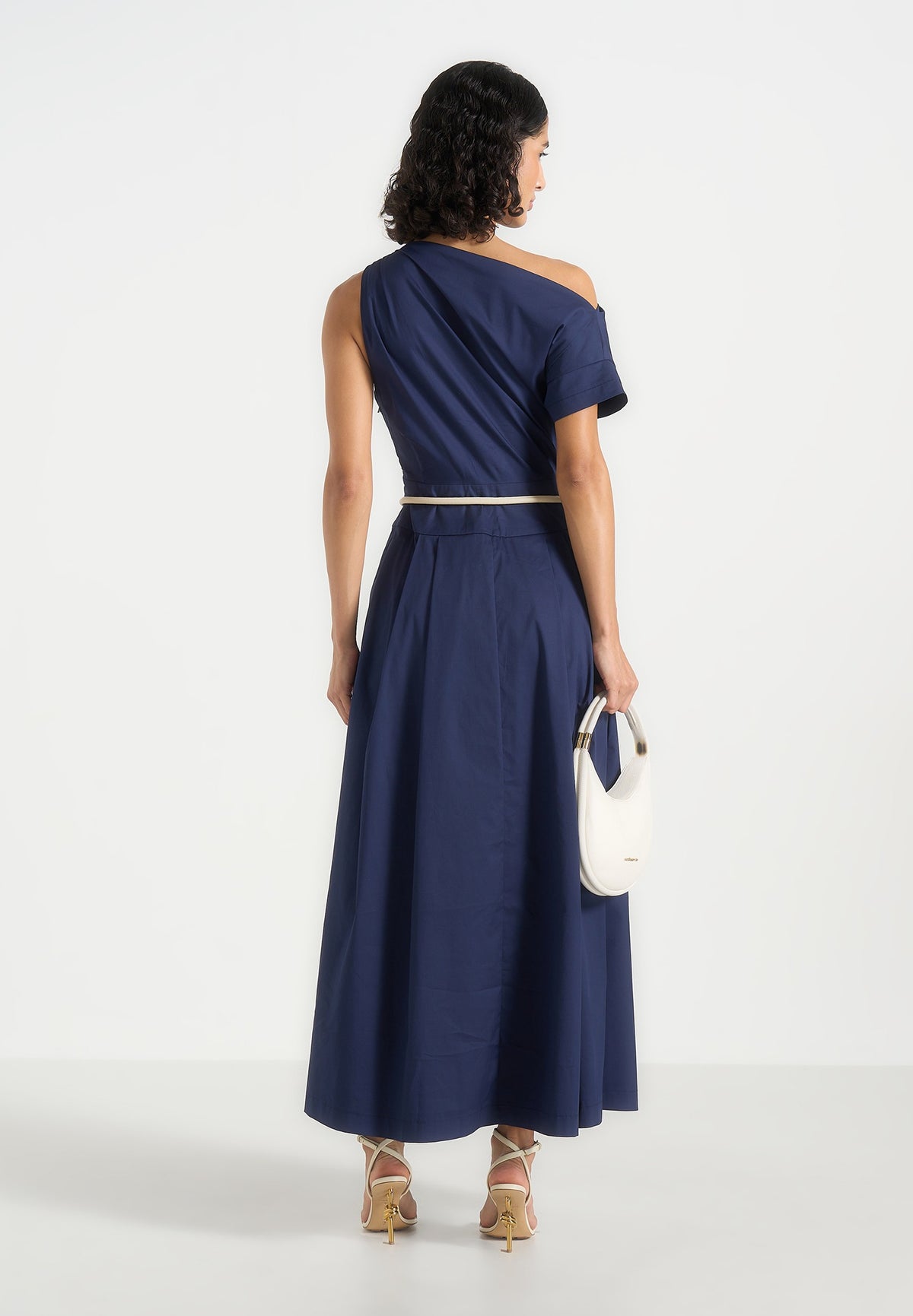 Yara - Asym Tie-Waist Cotton Midi Dress - Navy