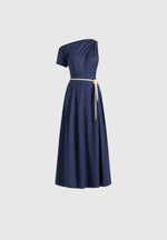 Yara - Asym Tie-Waist Cotton Midi Dress - Navy