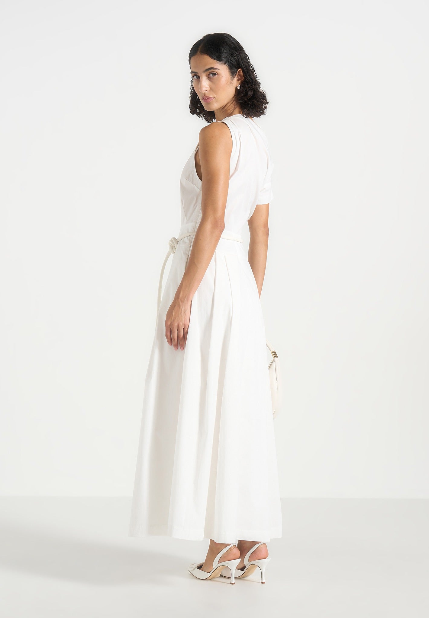 Yara - Asym Tie-Waist Cotton Midi Dress - White
