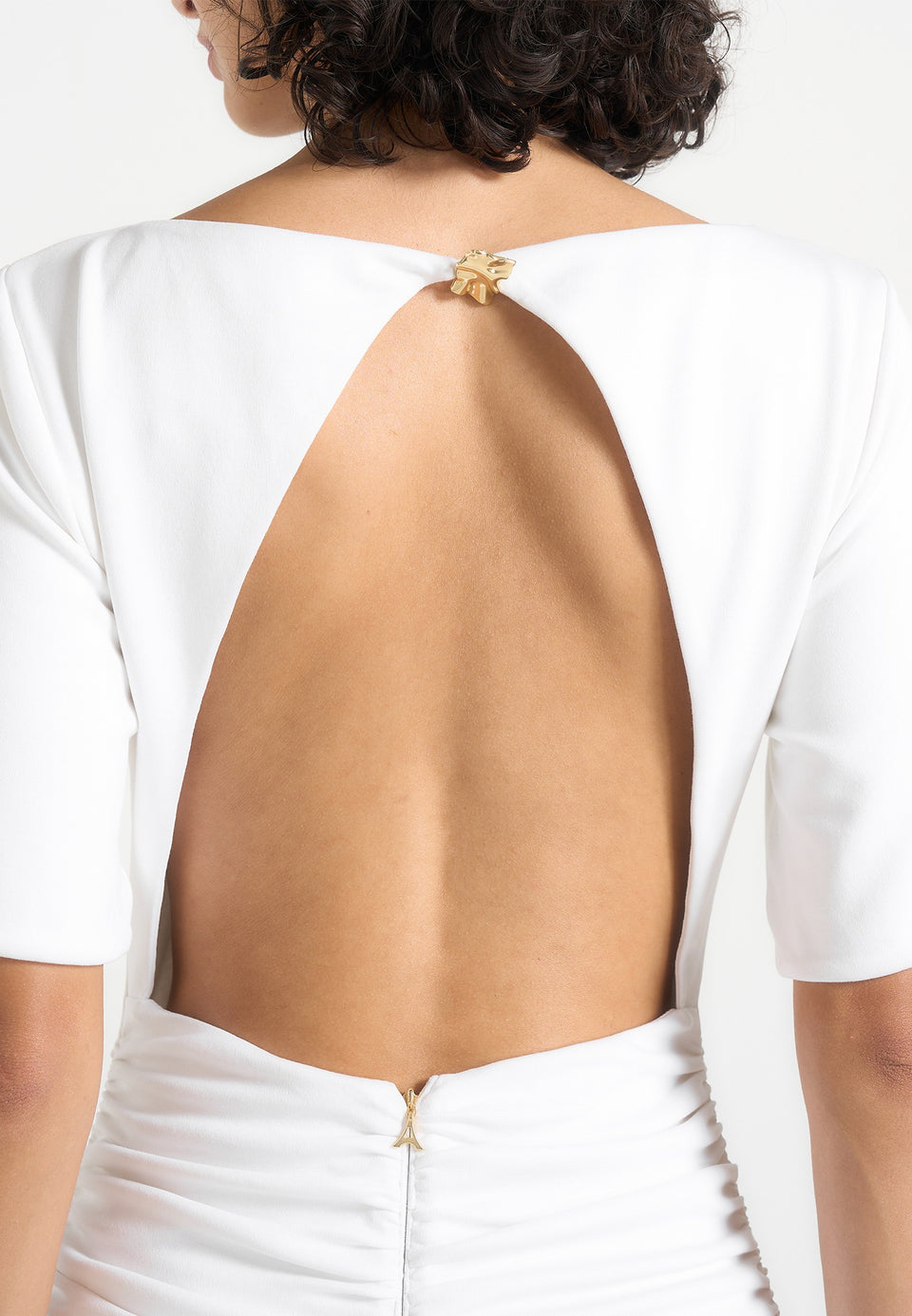 Summer - Ruched Open-Back Cotton T-Shirt Mini Dress - White