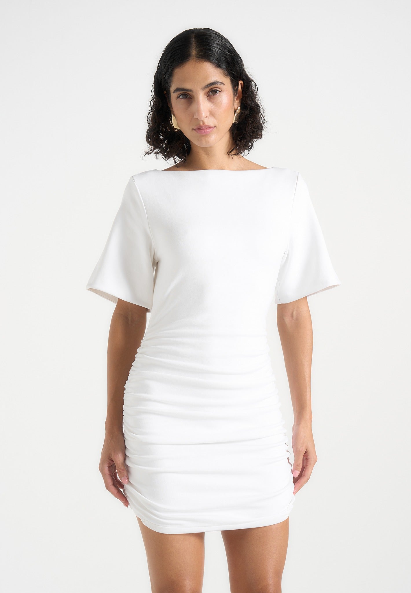white t shirt bodycon dress Short Sleeve Cinched Waist Asymmetric Lace Hem T-Shirt Dress In White | EGO US
