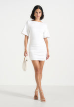 Summer - Ruched Open-Back Cotton T-Shirt Mini Dress - White