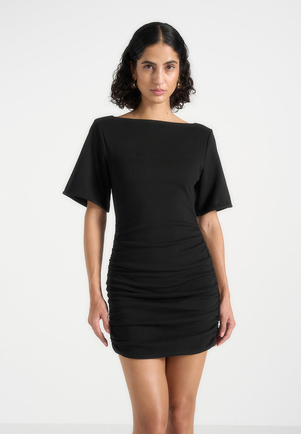 Summer - Ruched Open-Back Cotton T-Shirt Mini Dress - Black