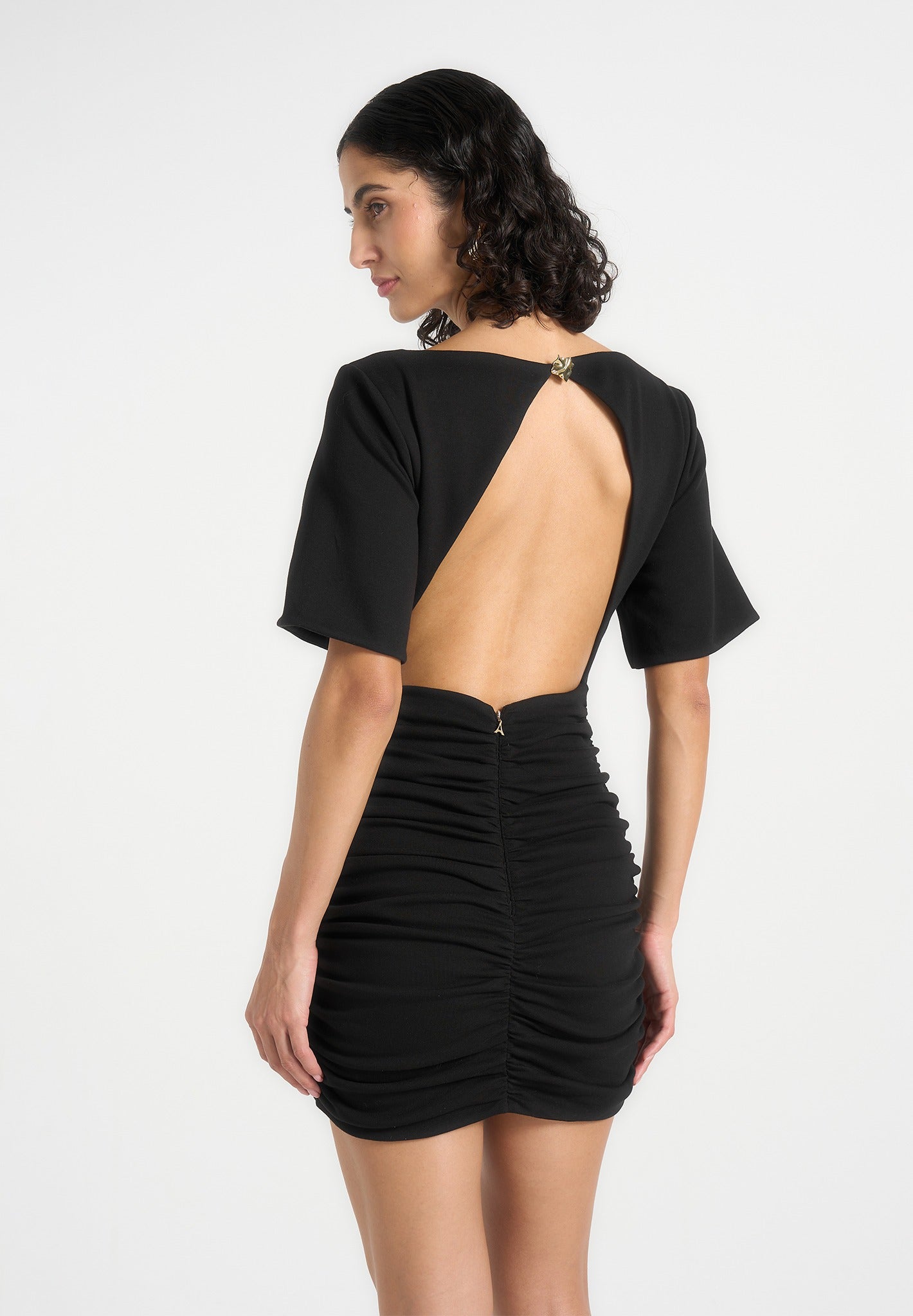 Summer - Ruched Open-Back Cotton T-Shirt Mini Dress - Black