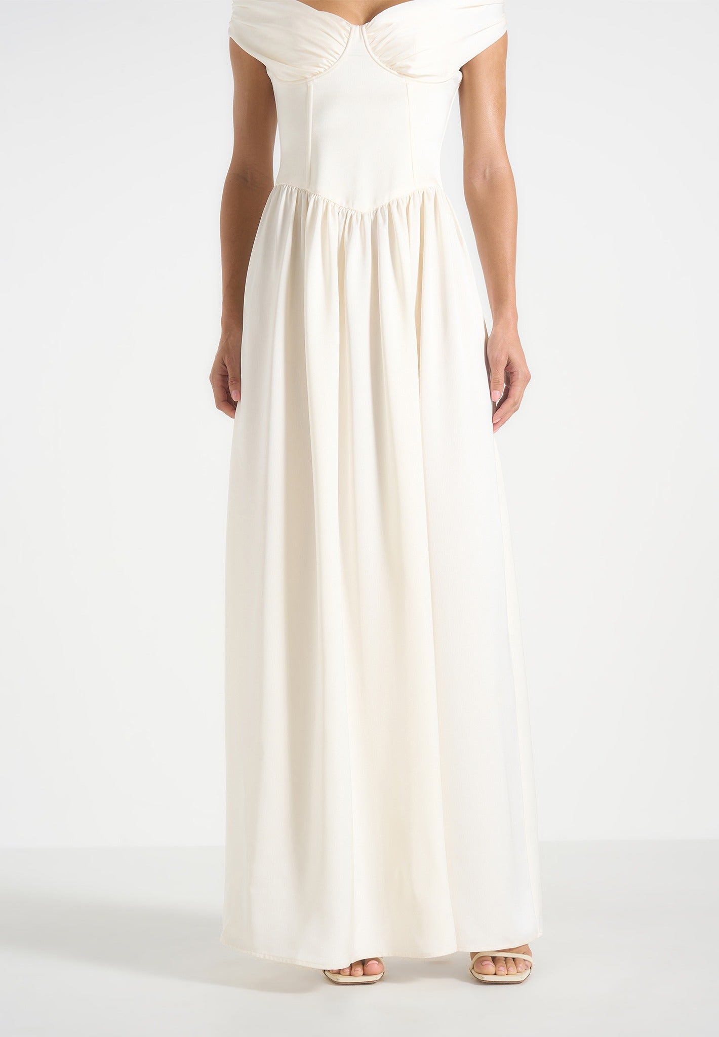 Sia - Off-Shoulder Satin Corset Maxi Dress - Ivory