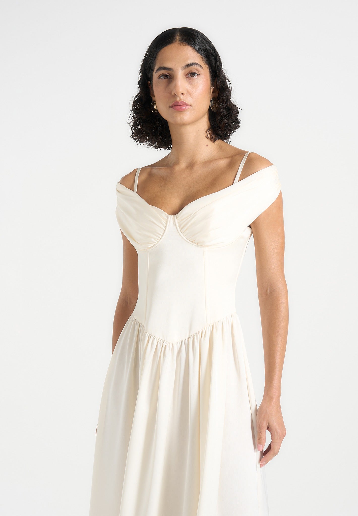 Sia - Off-Shoulder Satin Corset Maxi Dress - Ivory