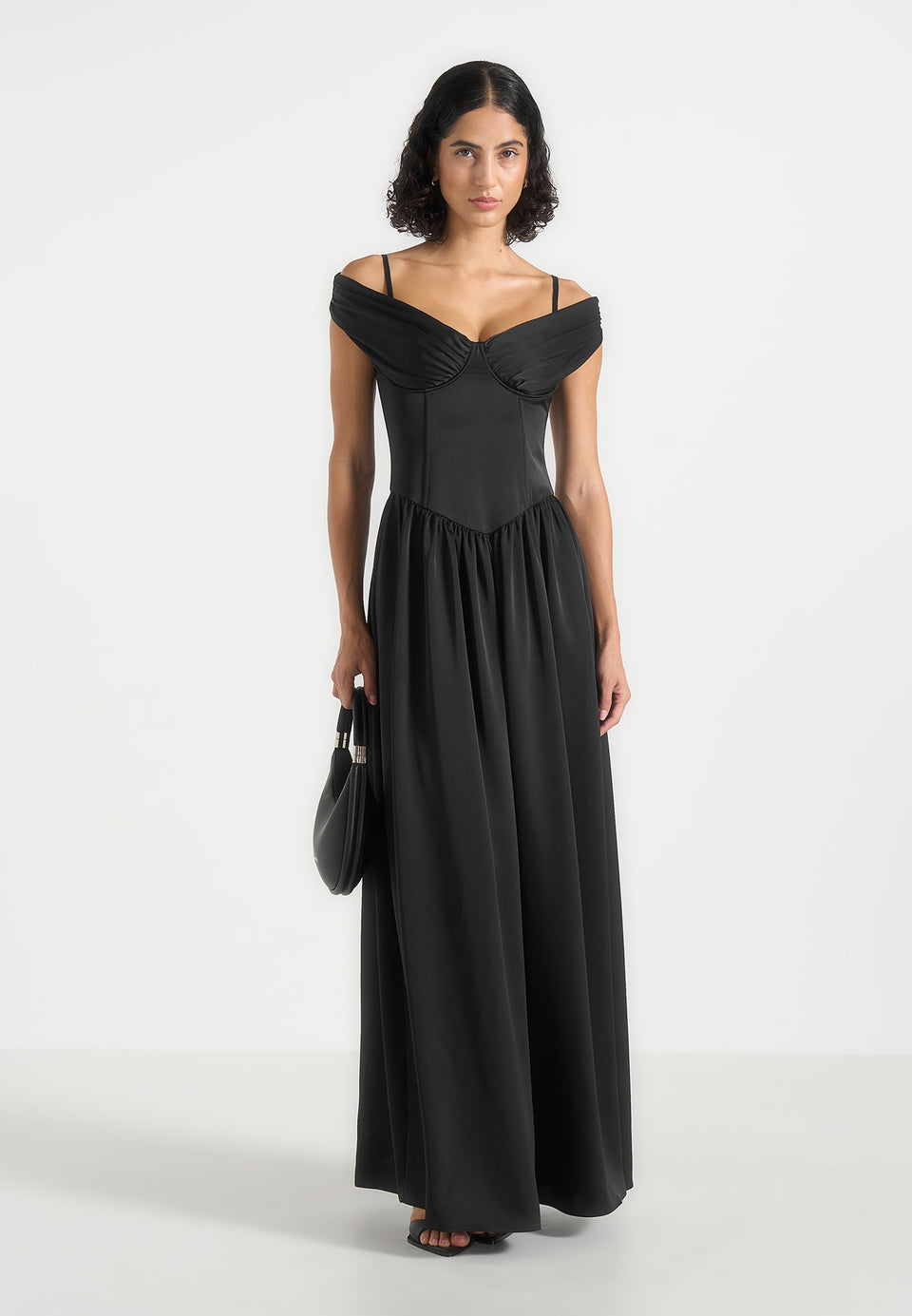 Sia - Off-Shoulder Satin Corset Maxi Dress - Black