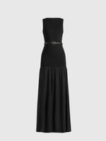 Emma - Crew Neck Crepe Belted Pleated Maxi Dress - Black