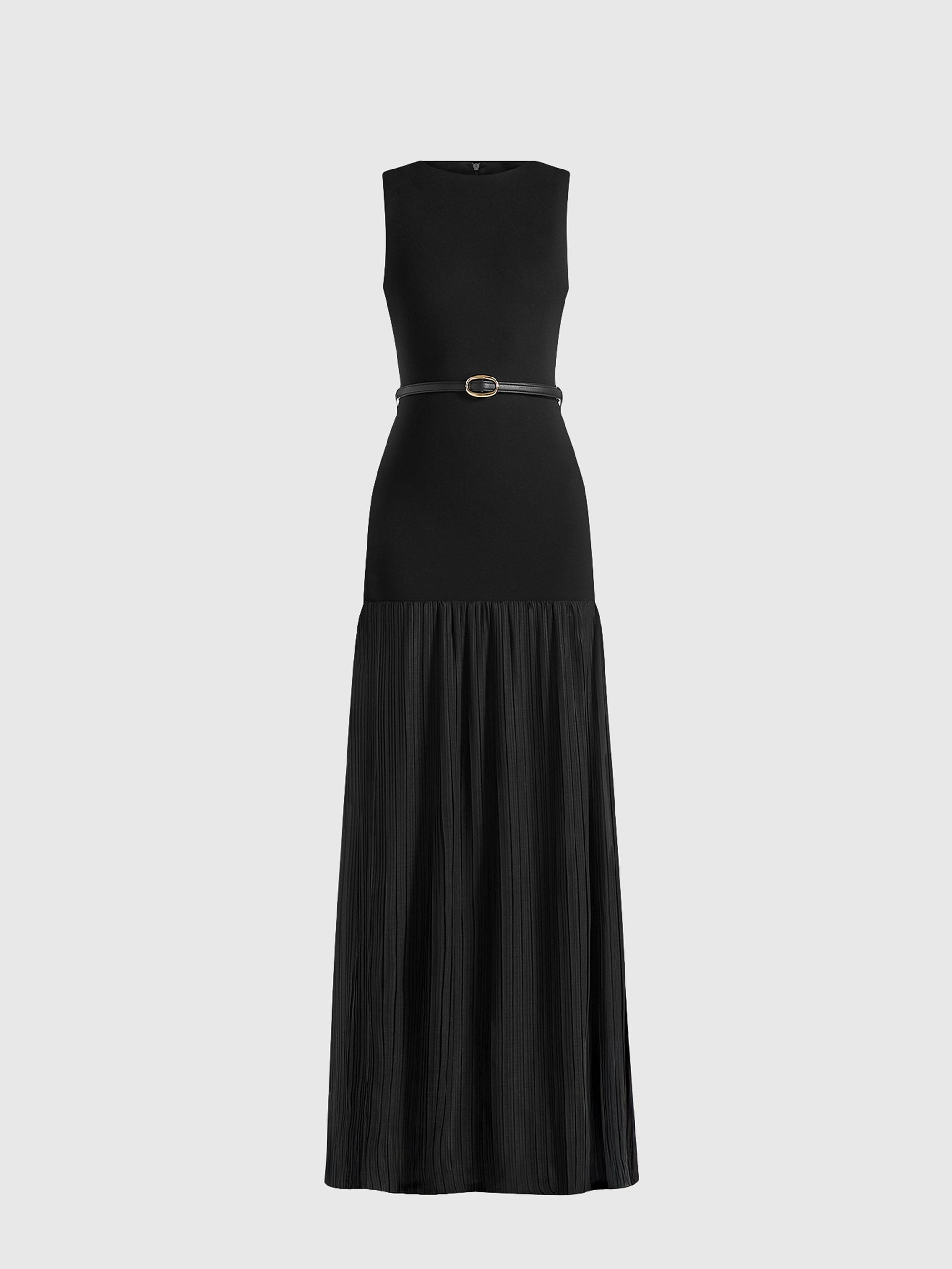 Emma - Crew Neck Crepe Belted Pleated Maxi Dress - Black