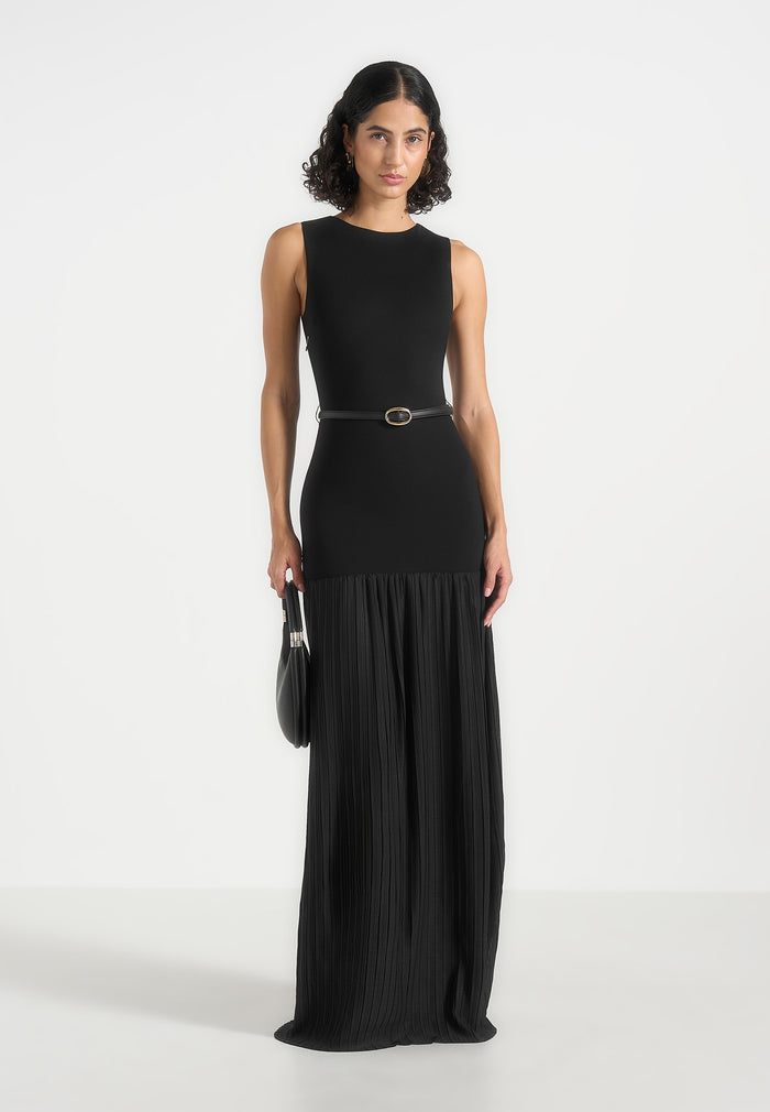 Emma - Crew Neck Crepe Belted Pleated Maxi Dress - Black
