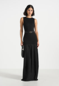 Emma - Crew Neck Crepe Belted Pleated Maxi Dress - Black