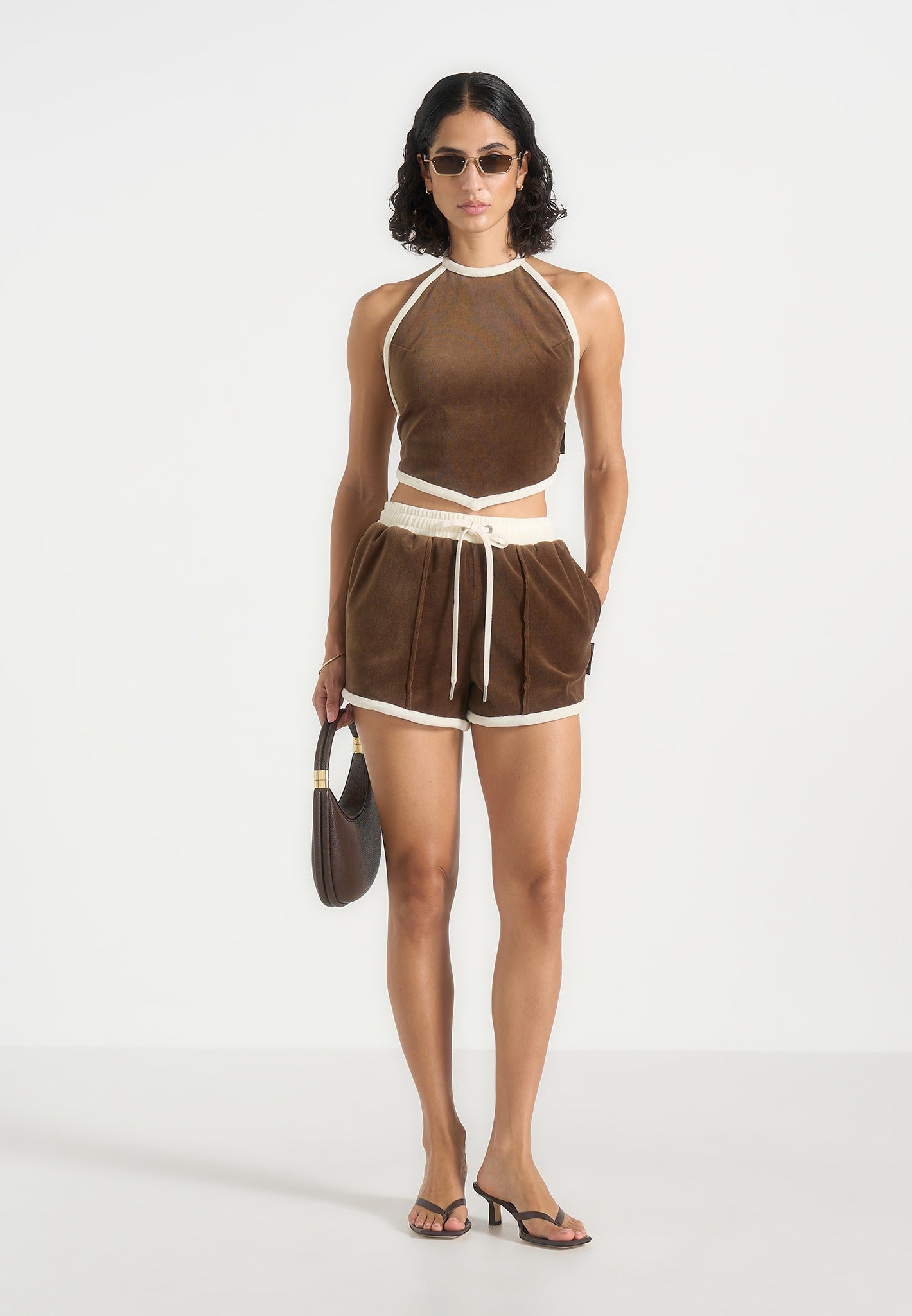 Delina - Contrast Velour Mini Shorts - Brown