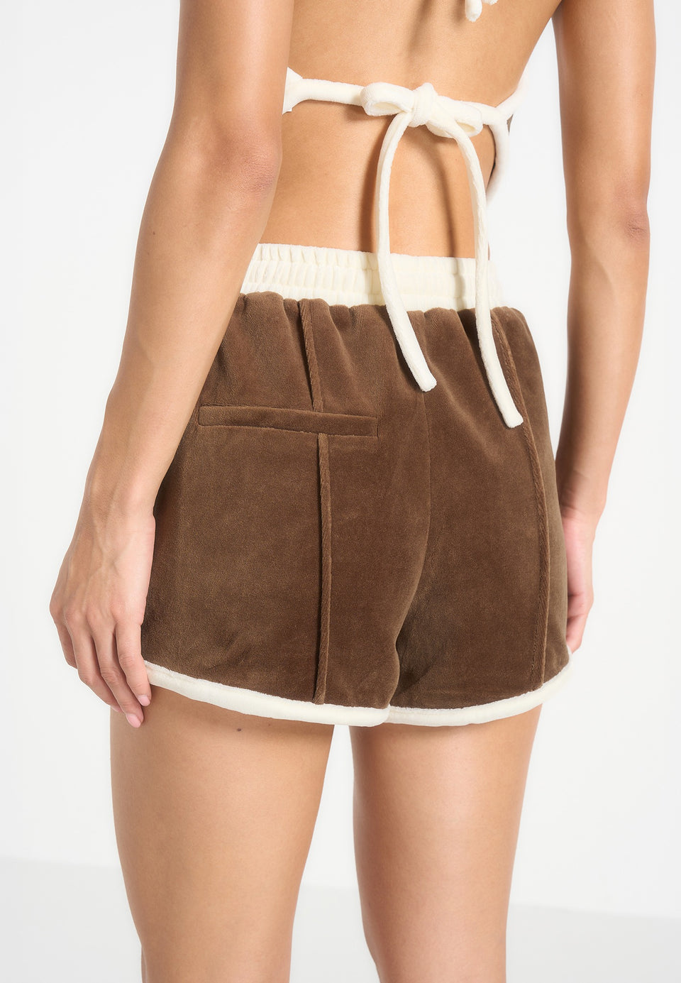 Delina - Contrast Velour Mini Shorts - Brown
