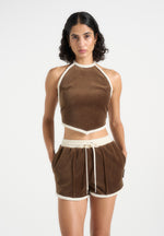 Malena - Contrast Velour Halter Top - Brown