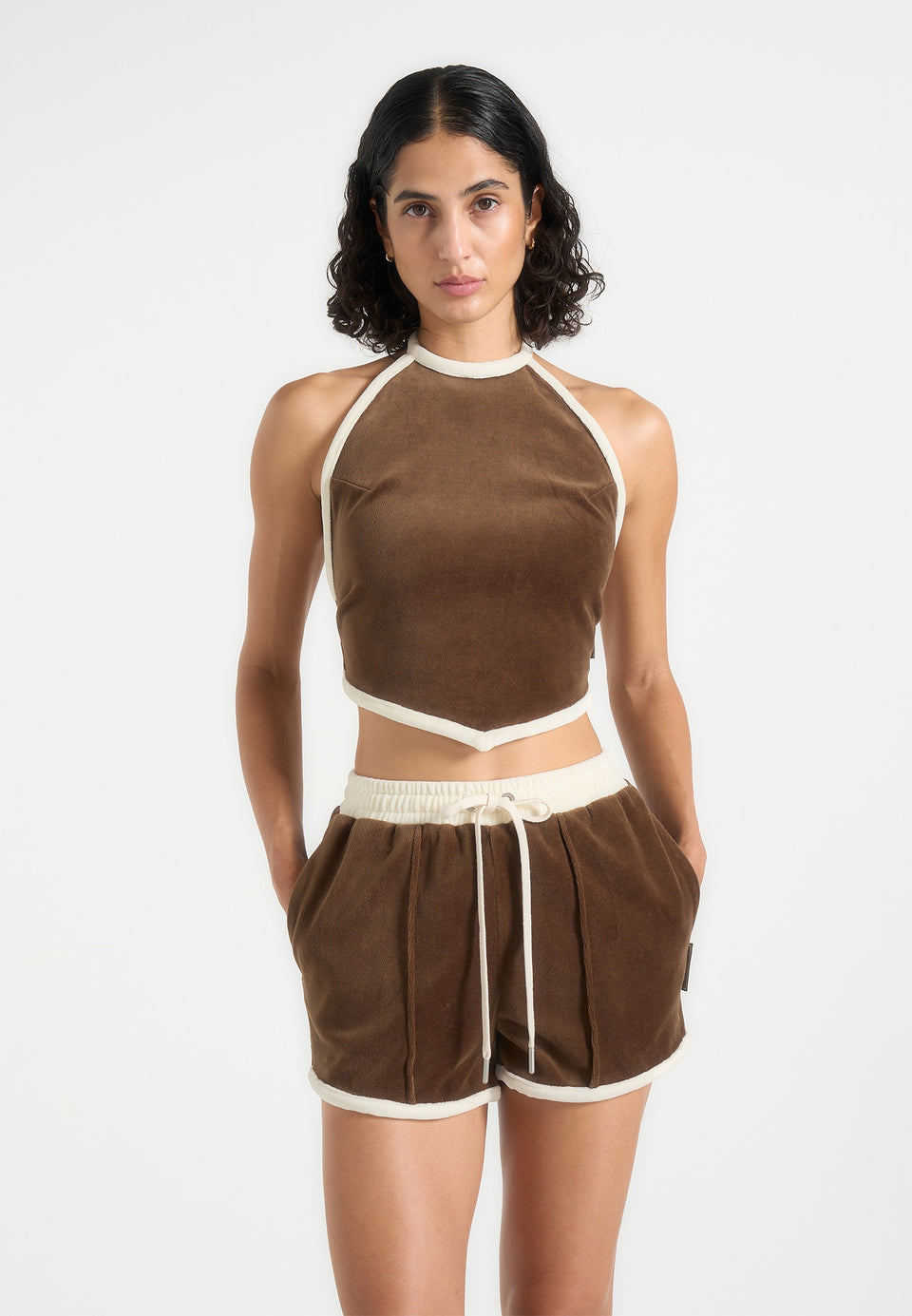 Malena - Contrast Velour Halter Top - Brown