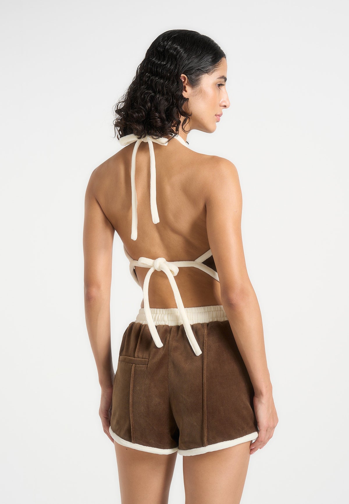 Malena - Contrast Velour Halter Top - Brown