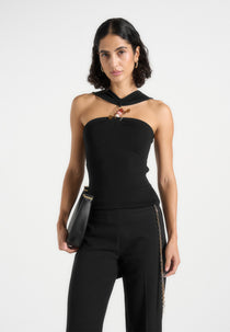 Abigail - Hardware Detail Open-Back Tie Crop Top - Black