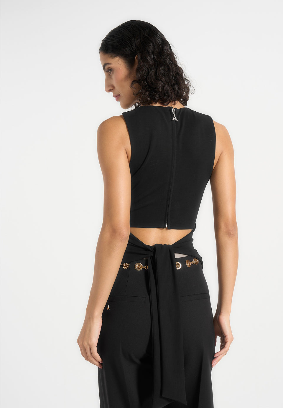 Abigail - Hardware Detail Open-Back Tie Crop Top - Black