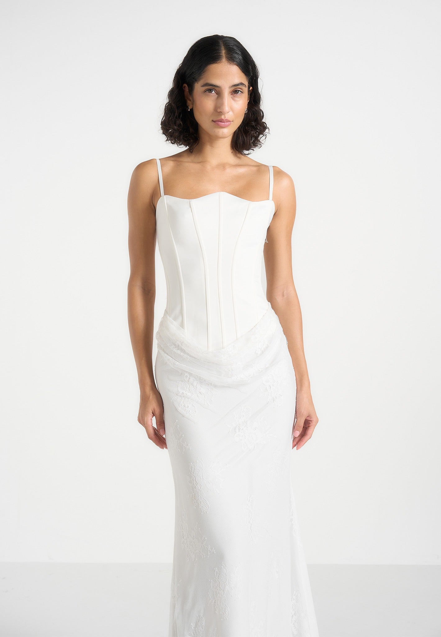 Corina - Satin Corset Cowl Lace Maxi Dress - White
