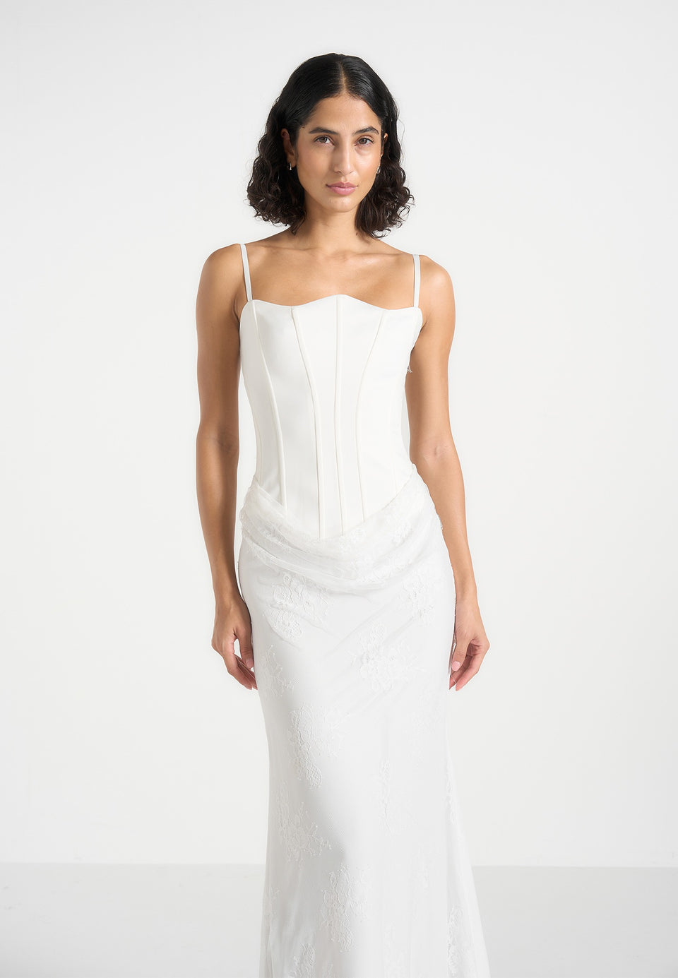 Corina - Satin Corset Cowl Lace Maxi Dress - White