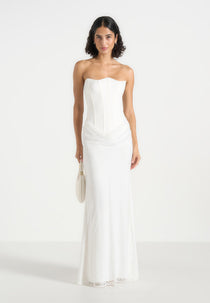 Corina - Satin Corset Cowl Lace Maxi Dress - White
