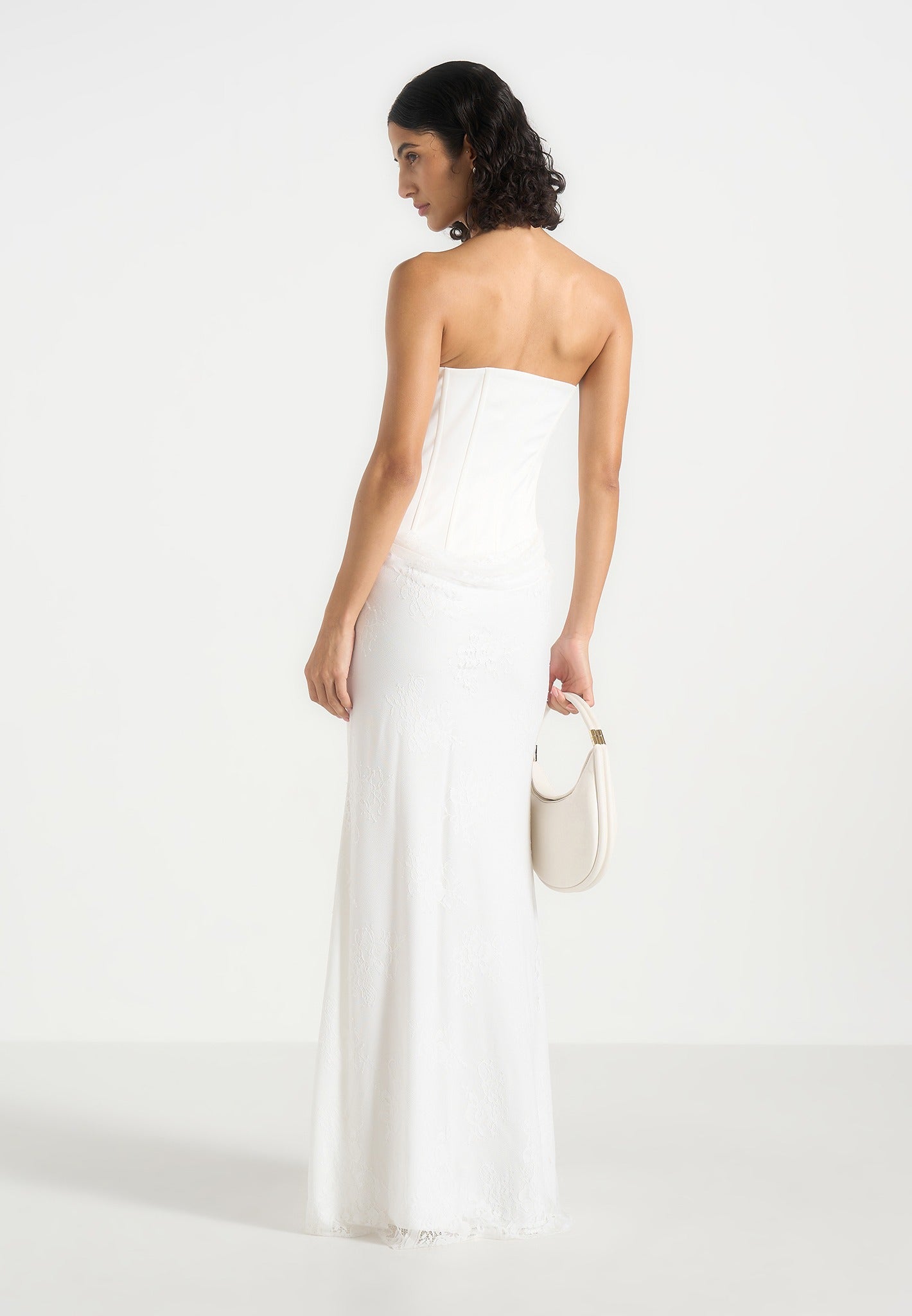 Corina - Satin Corset Cowl Lace Maxi Dress - White