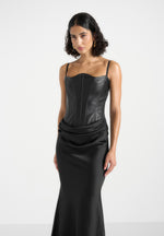 Corina - Leather Corset Cowl Satin Maxi Dress - Black