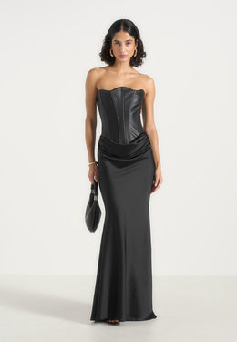 Opal - Leather Corset Cowl Satin Maxi Dress - Black