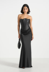 Corina - Leather Corset Cowl Satin Maxi Dress - Black