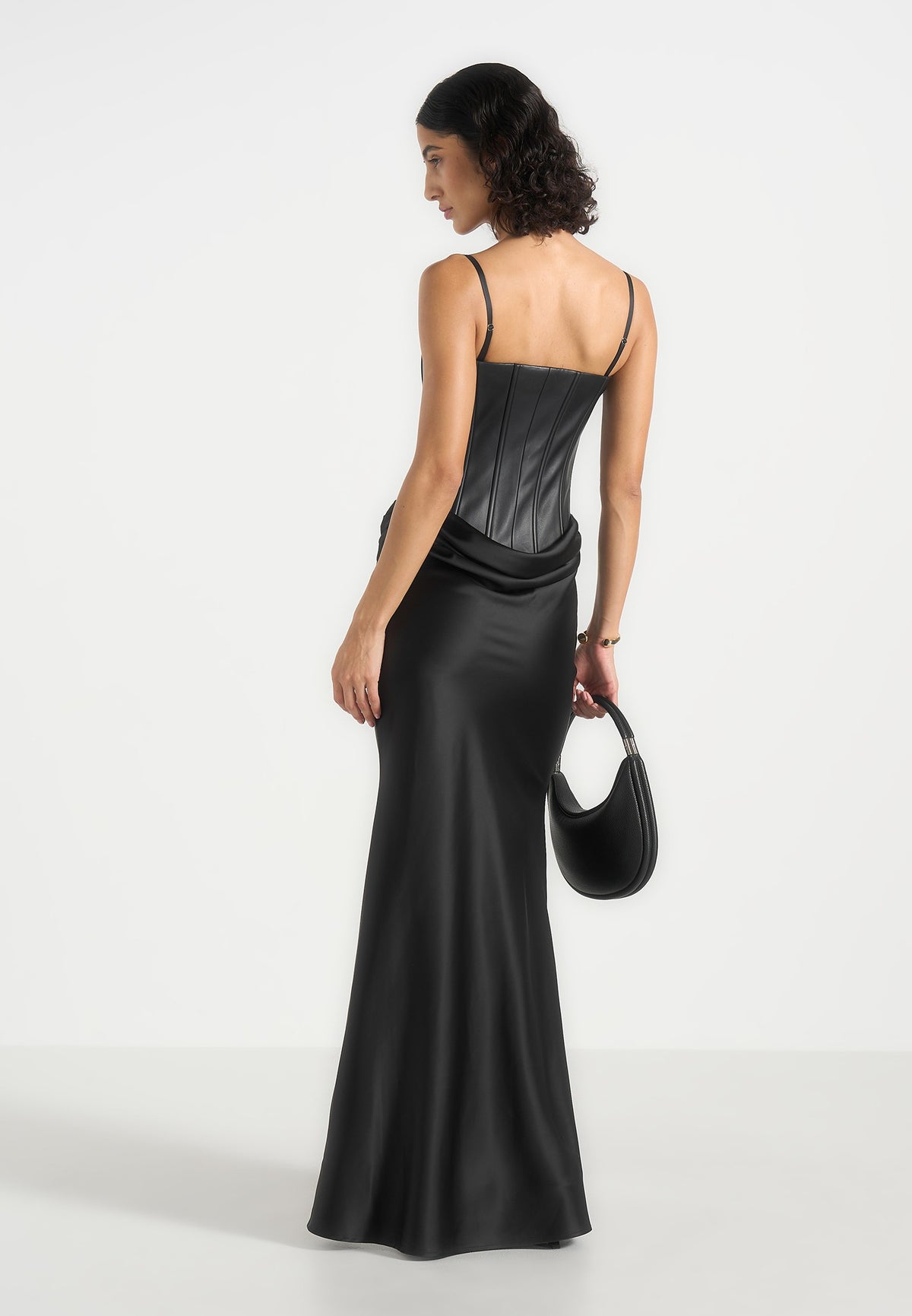 Corina - Leather Corset Cowl Satin Maxi Dress - Black