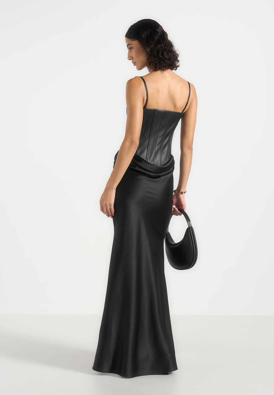 Corina - Leather Corset Cowl Satin Maxi Dress - Black