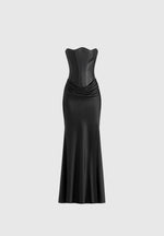Corina - Leather Corset Cowl Satin Maxi Dress - Black