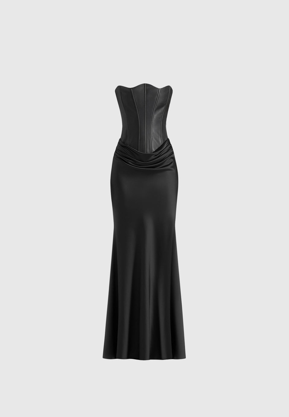 Corina - Leather Corset Cowl Satin Maxi Dress - Black